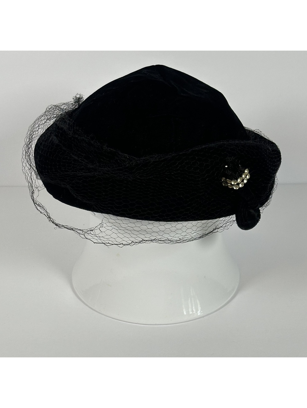 Vintage Pasadena Hats Black Velvet Hat with Veil and Rhinestone Detail